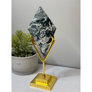 Moss Agate with Gold Stand